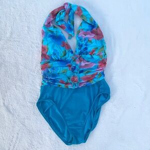 VTG Mainstream‎ Plus-Size 14 Halter Blue Floral Rushed One-piece Swimsuit